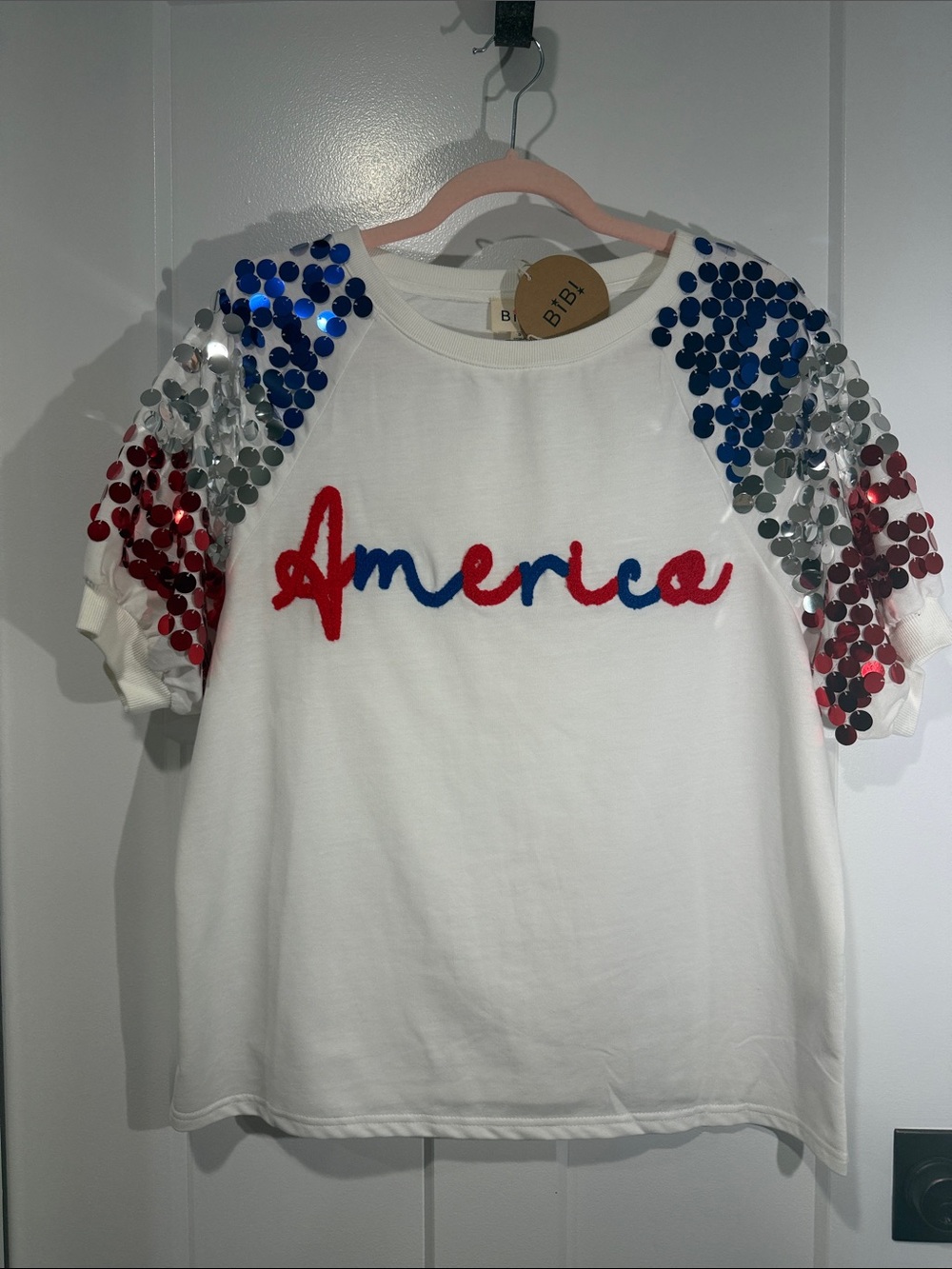 BiBi White Tee with Red, Blue & Silver Sequin Sleeves